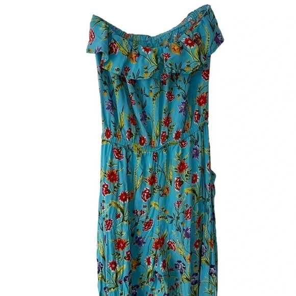 Angie M blue floral strapless boho romper/jumpsuit‎ with pockets + elastic waist - Picture 4 of 7